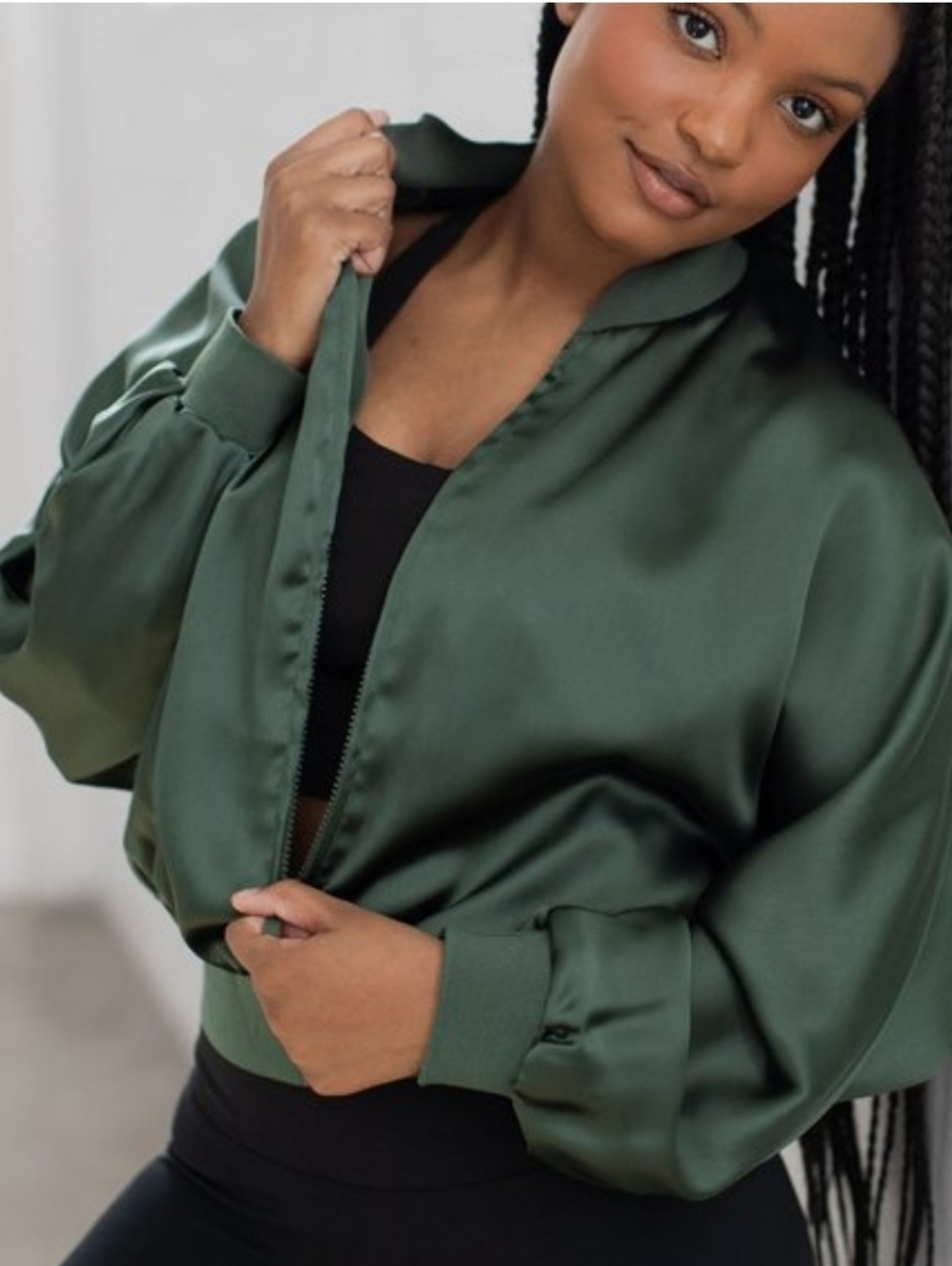 Savvi Emerald Olive Green Satin Bomber Jacket Athleisure Soft Dolman Sleeve Sm